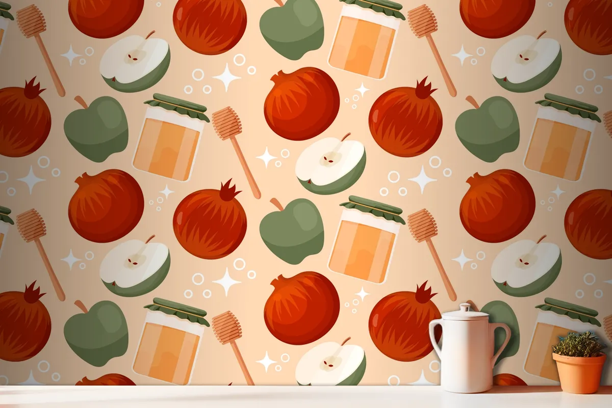 Hand Drawn Pattern Design For Jewish New Year Rosh Hashanah Celebration Wallpaper Mural