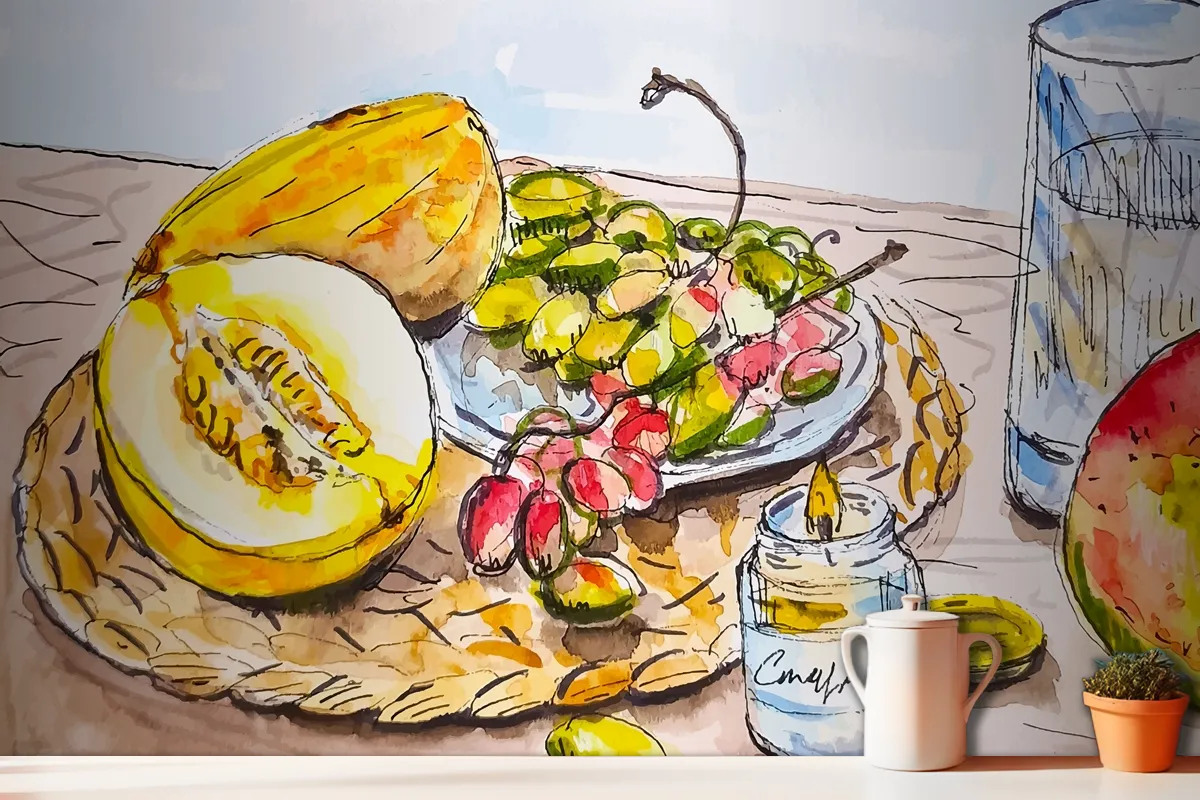 Hand Drawn Sketch Fruits On The Table At The Kitchen Grape Melon Mango Wallpaper Mural