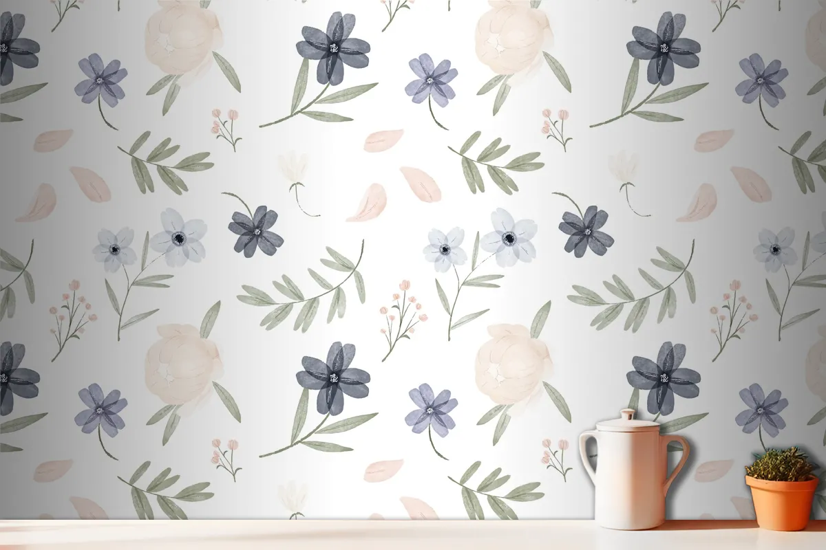 Hand Painted Watercolor Botanical Pattern Wallpaper Mural