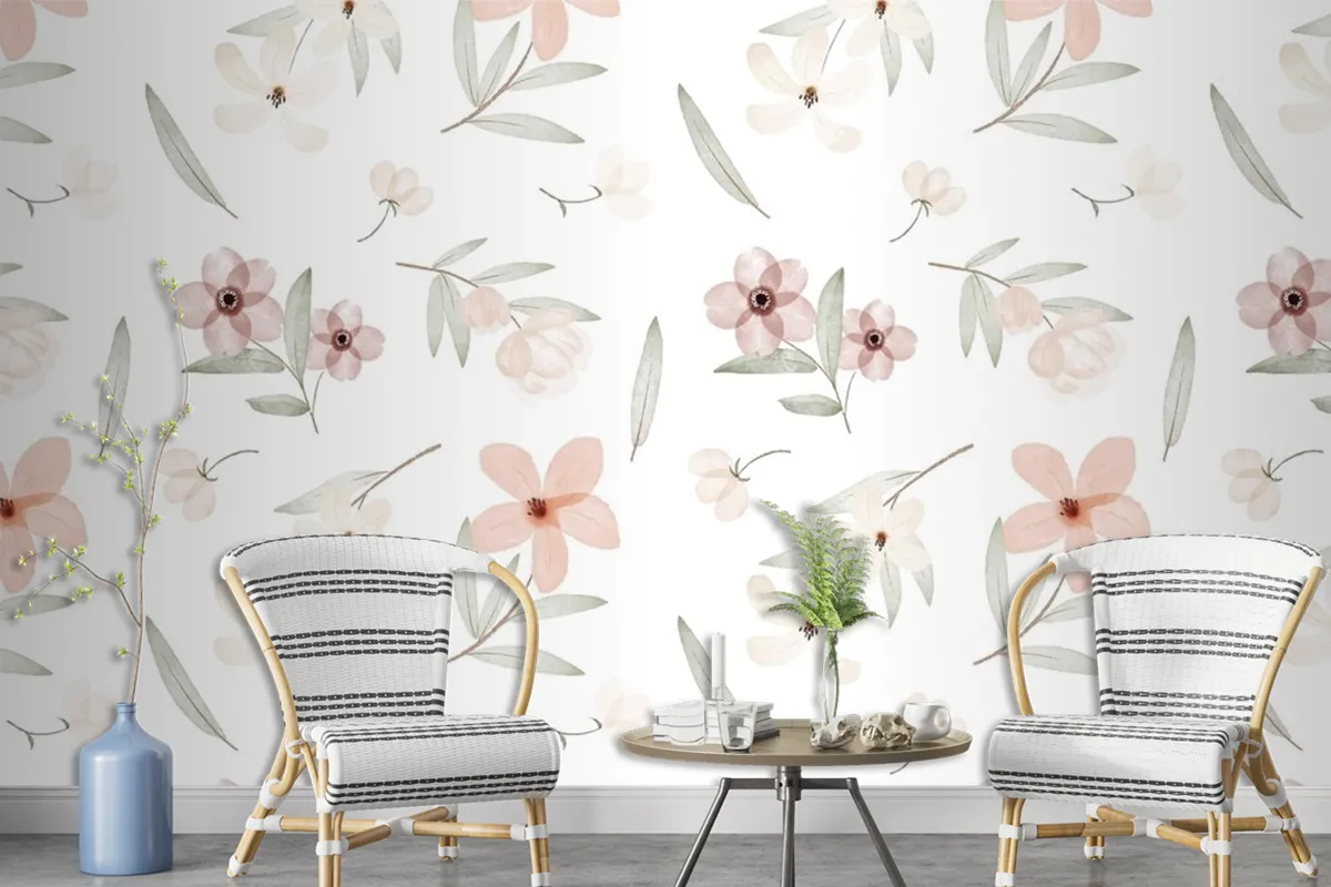 Hand Painted Watercolor Botanical Pattern Wallpaper Mural