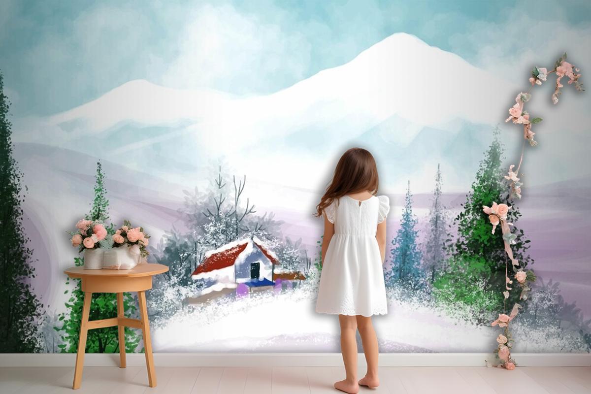 Hand Painted Watercolor Drawing For Christmas And Happy New Year Girl Wallpaper Mural