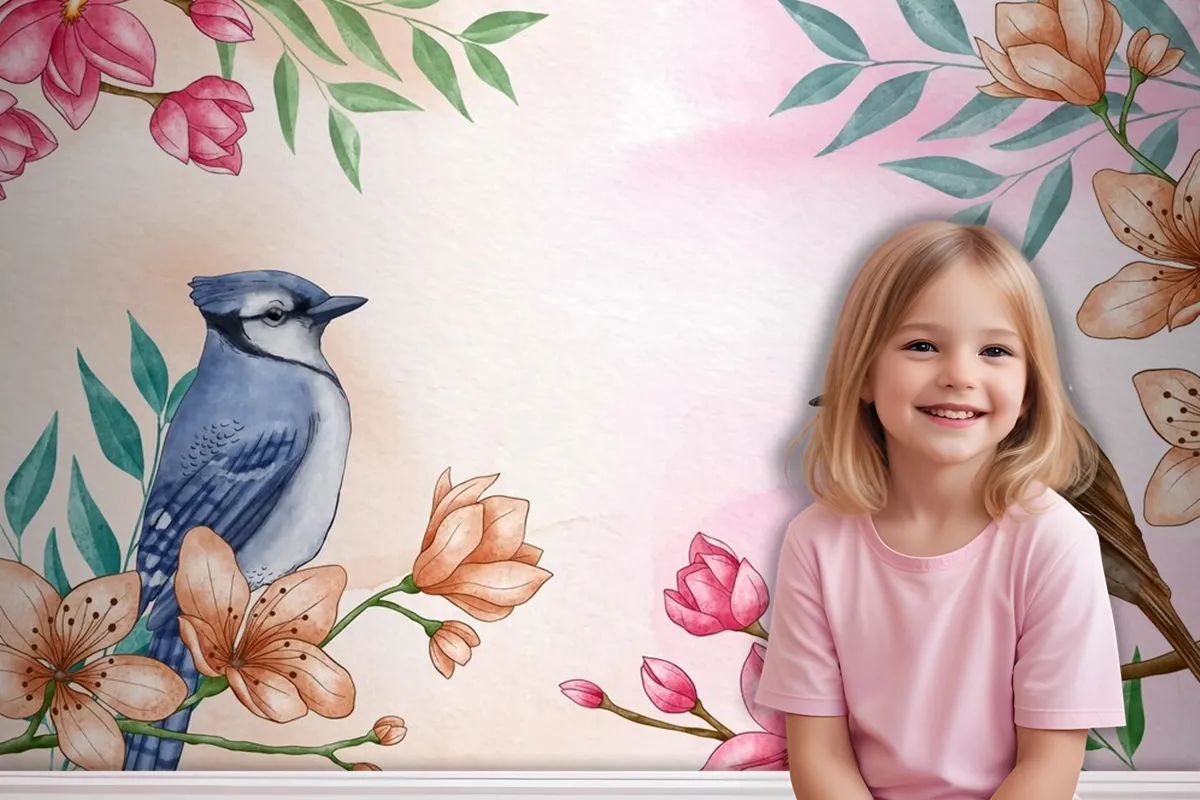 Hand Painted Watercolor Floral Birds Background Wallpaper Mural