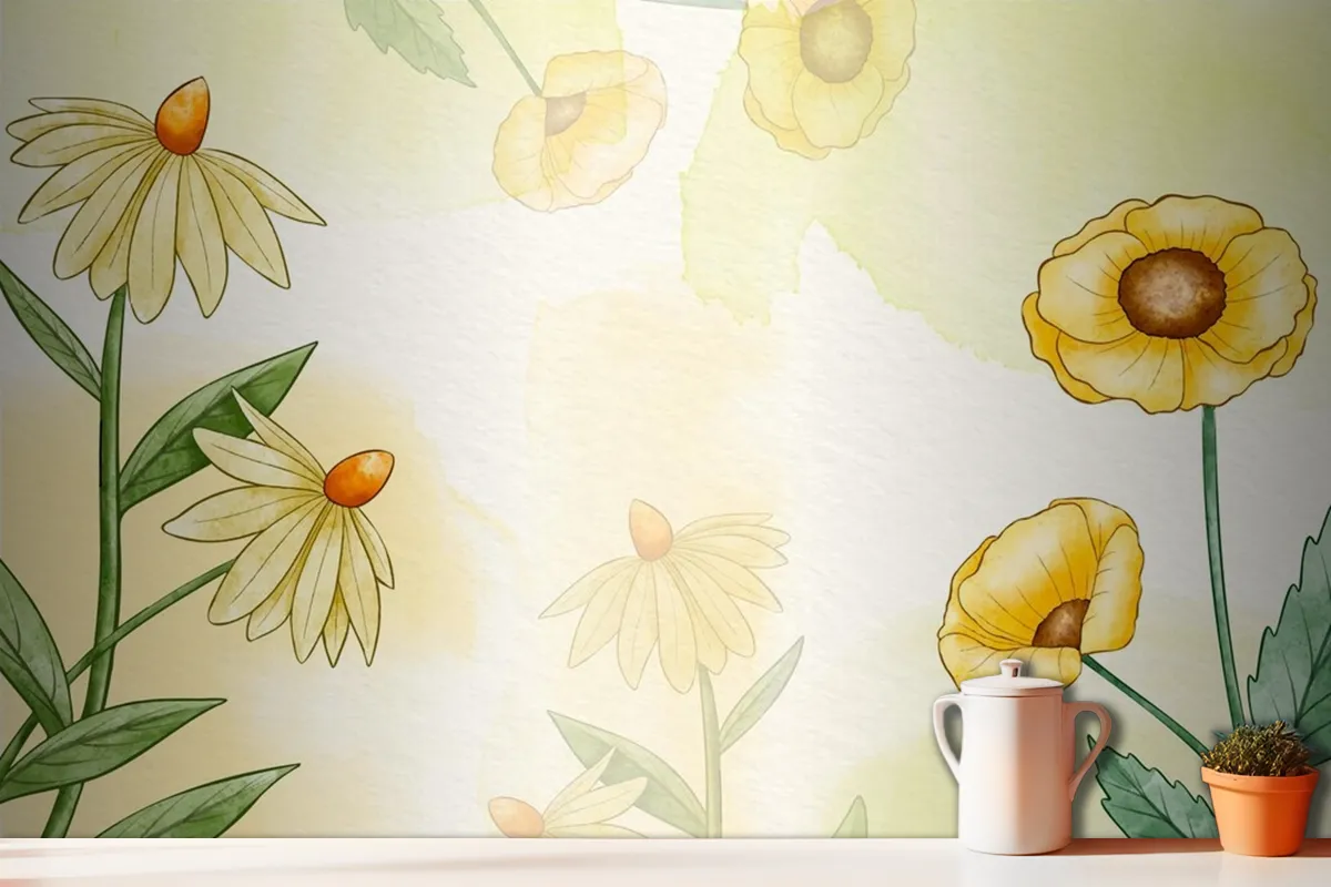 Hand Painted Watercolor Floral Kitchen Wallpaper Mural