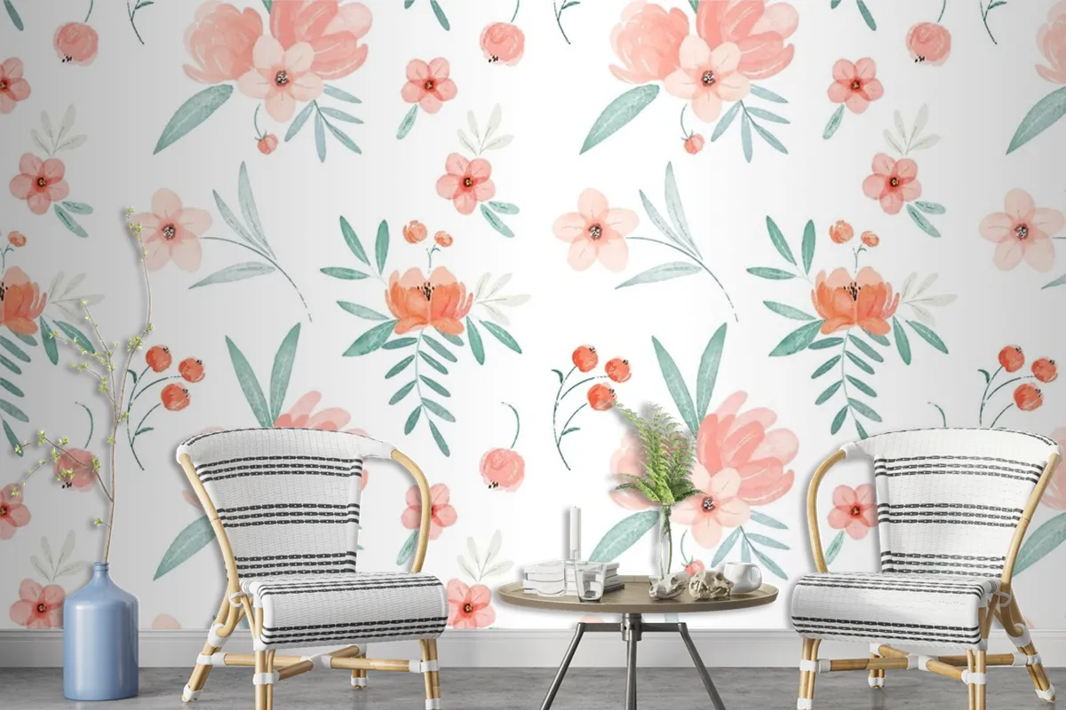 Hand Painted Watercolor Floral Pattern In Peach Tones Wallpaper Mural