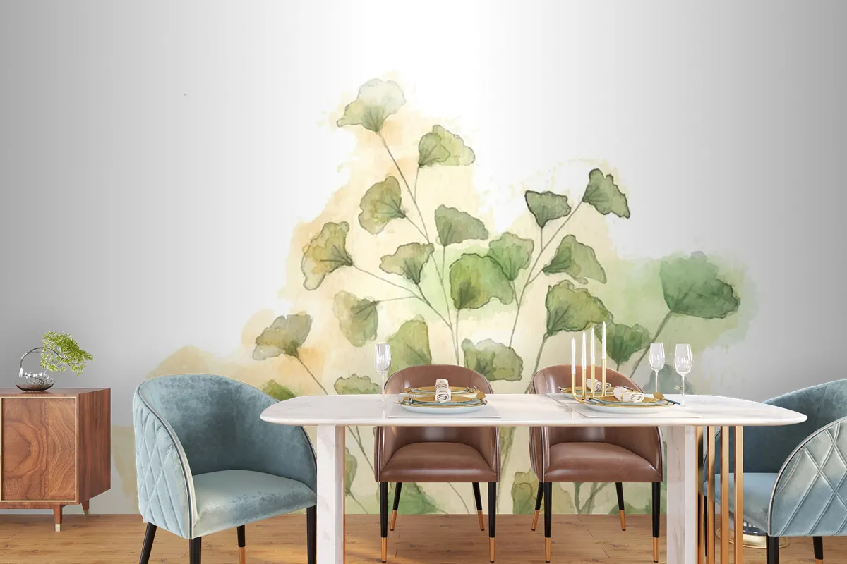 Hand Painted Watercolor Nature Dining Room Wallpaper Mural