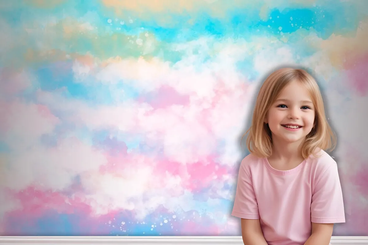 Hand Painted Watercolor Pastel Sky Background Girl Wallpaper Mural