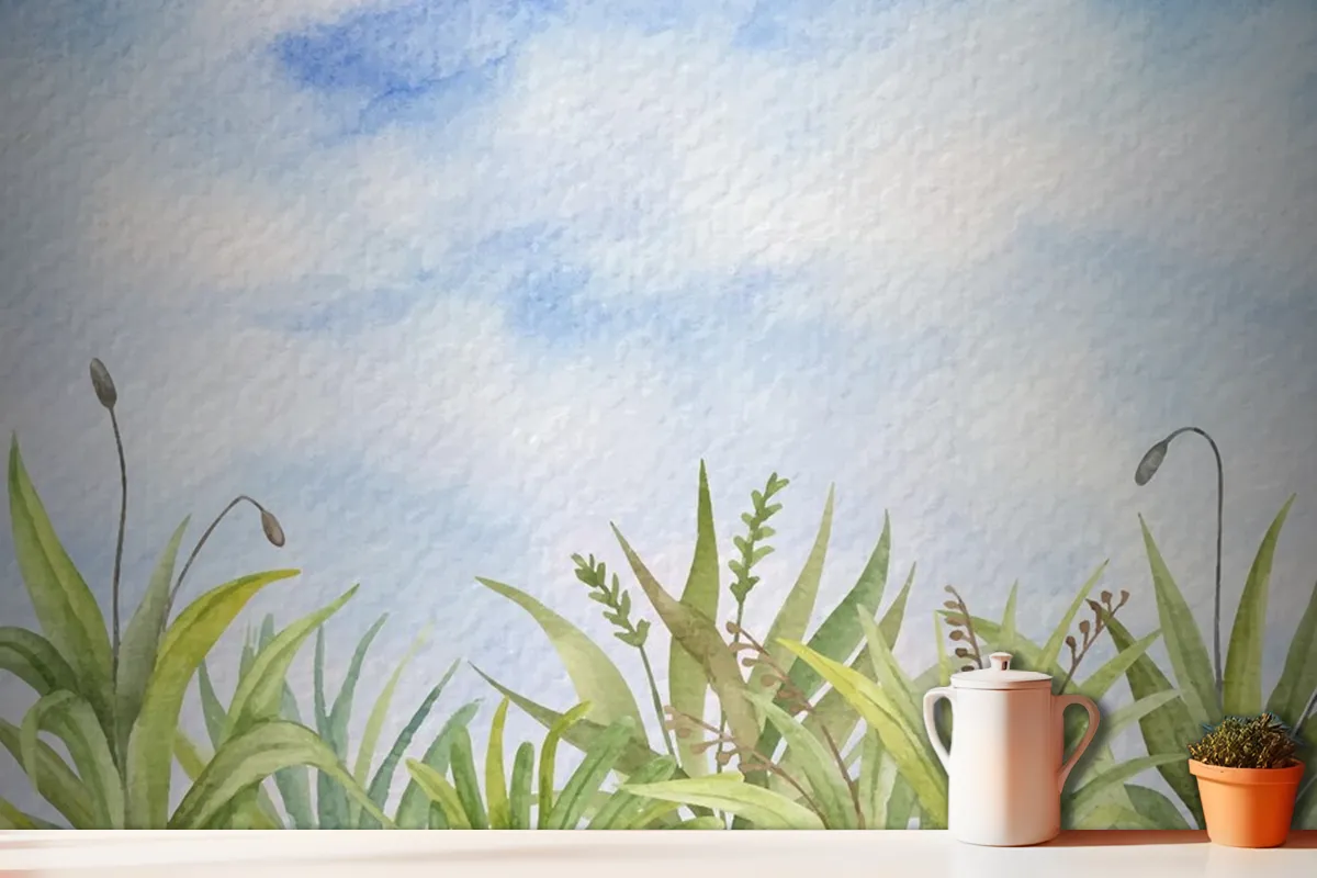 Hand Painted Watercolor Summer Landscape Wallpaper Mural