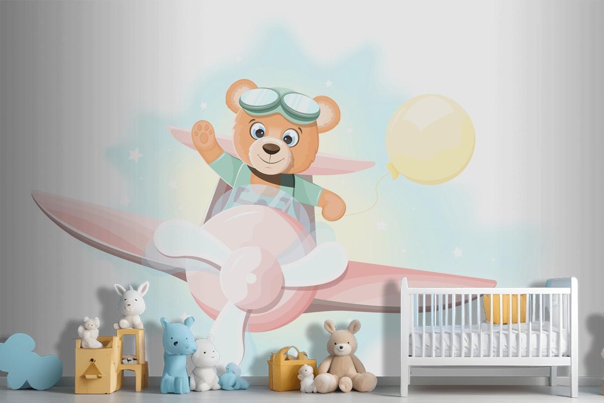 Happy Teddy Bear Flying On An Airplane Wallpaper Mural