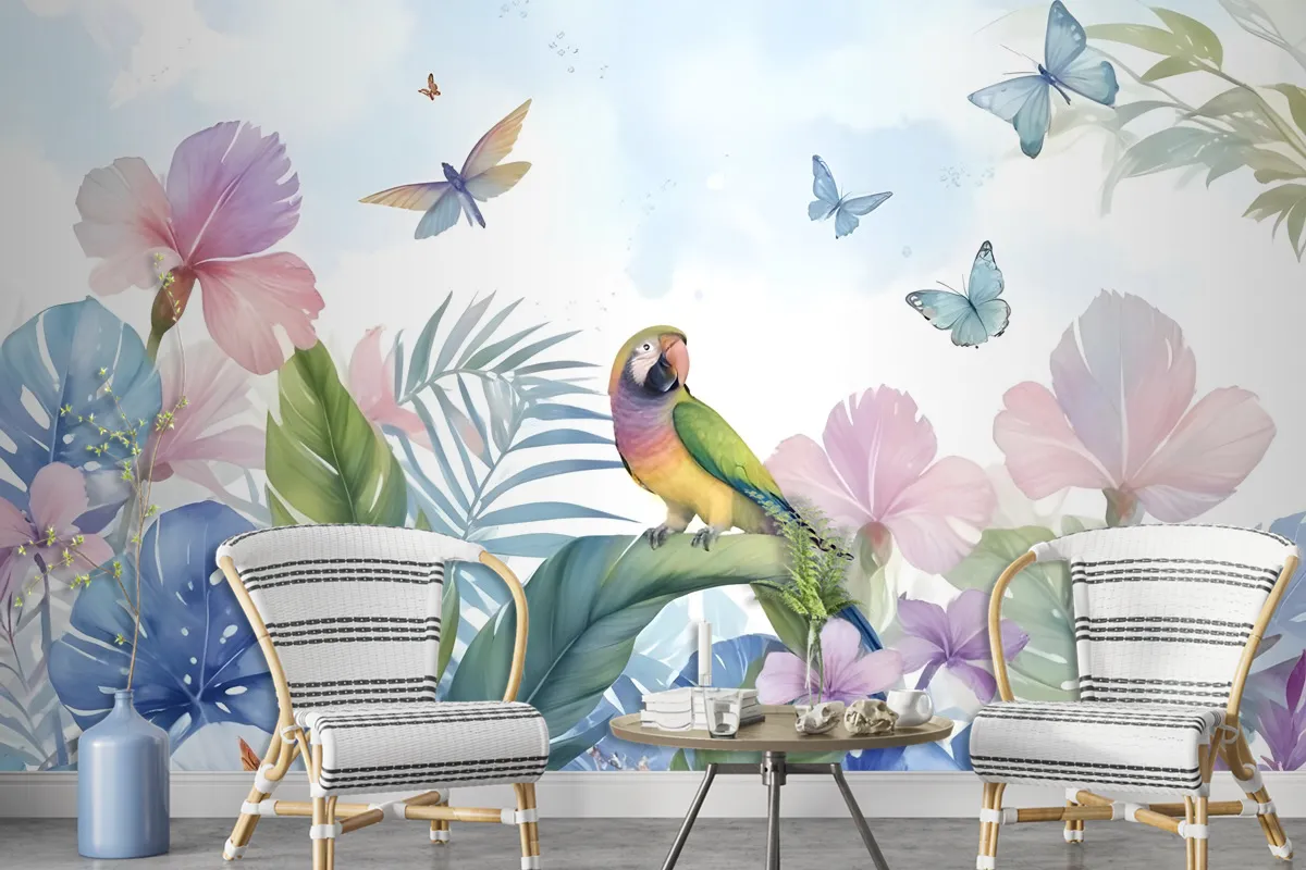 Hydrangea And Peony With Parrot Wallpaper Mural