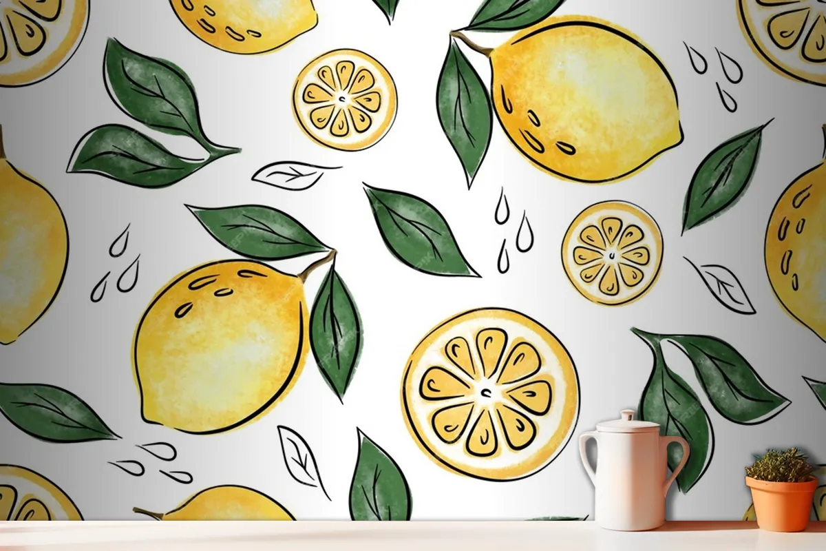 Juicy Seamless Pattern With Lemons And Leaves Wallpaper Mural