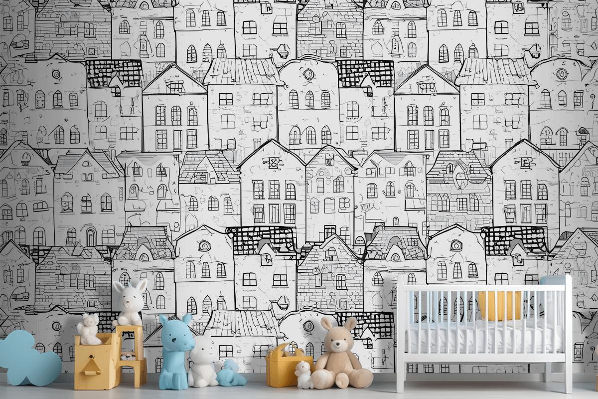 Kids Black And White Sketch House Wallpaper Mural