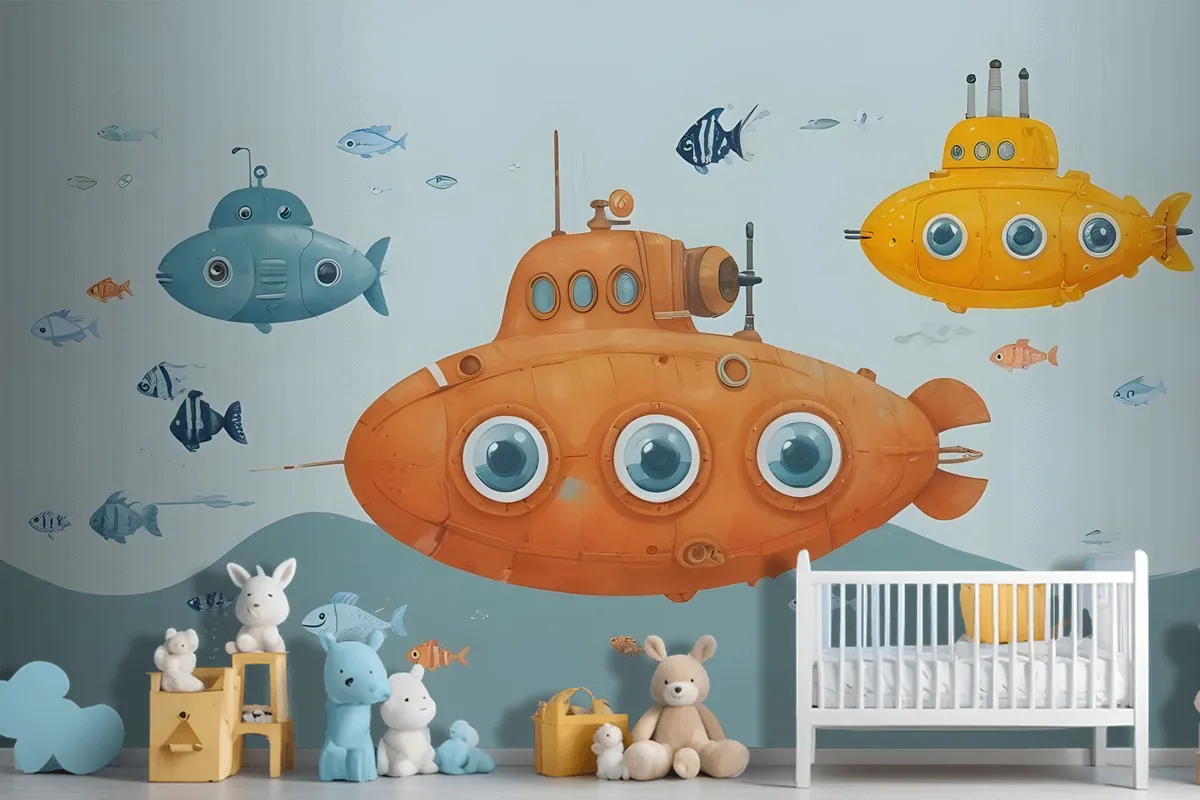 Kids Boys Watercolor Underwater With Submarine Wallpaper Mural