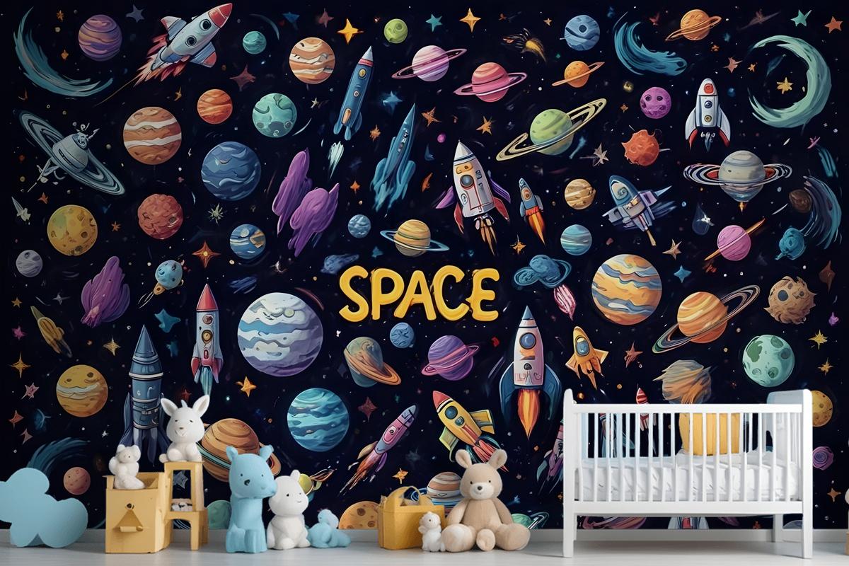 Kids Cartoon Space With Astronaut And Colorful Planets Wallpaper Mural