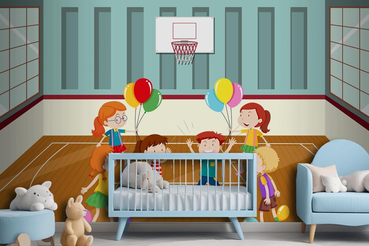 Kids Doing Physical Activity With Balloons Wallpaper Mural