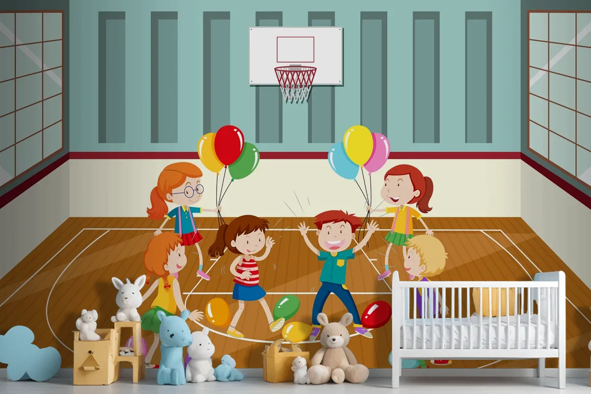 Kids Doing Physical Activity With Balloons Wallpaper Mural