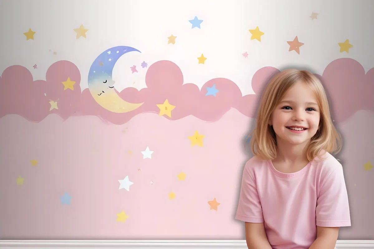 Kids Girls Pink Night With Sleeping Moon Wallpaper Mural