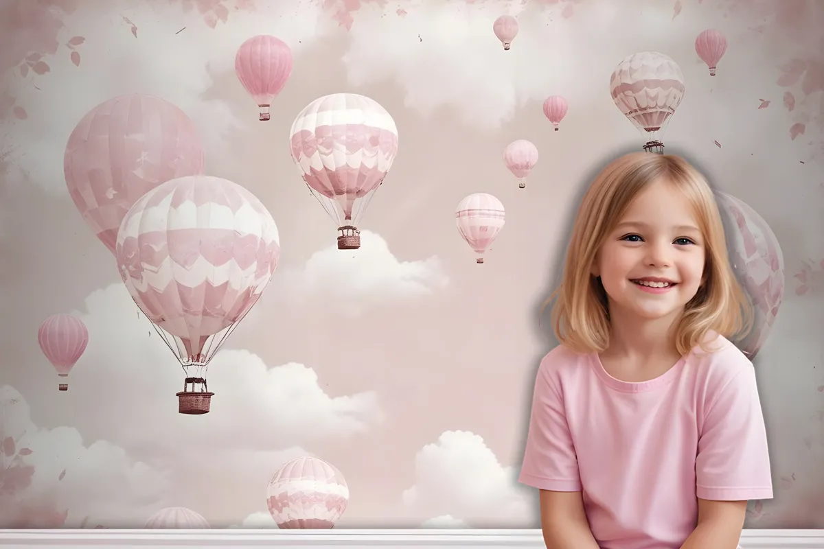 Kids Girls Pink Sky Of Hot Air Balloon Wallpaper Mural