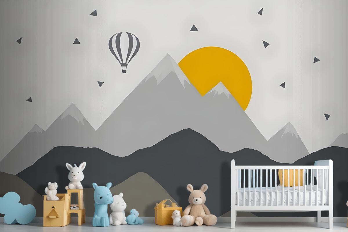 Kids Gray Geometric Mountainscape And Hot Air Balloon Wallpaper Mural