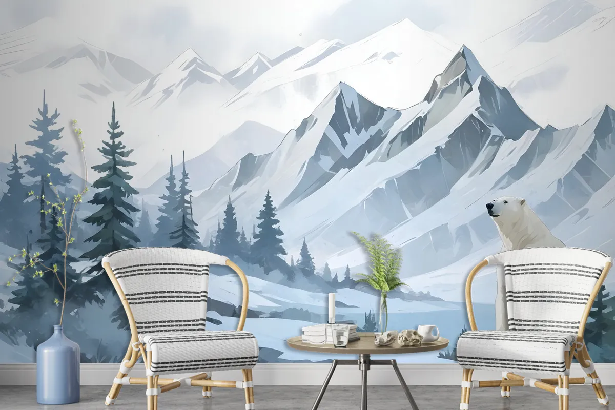 Kids Mountain Landscape With Cartoon Bear Wallpaper Mural