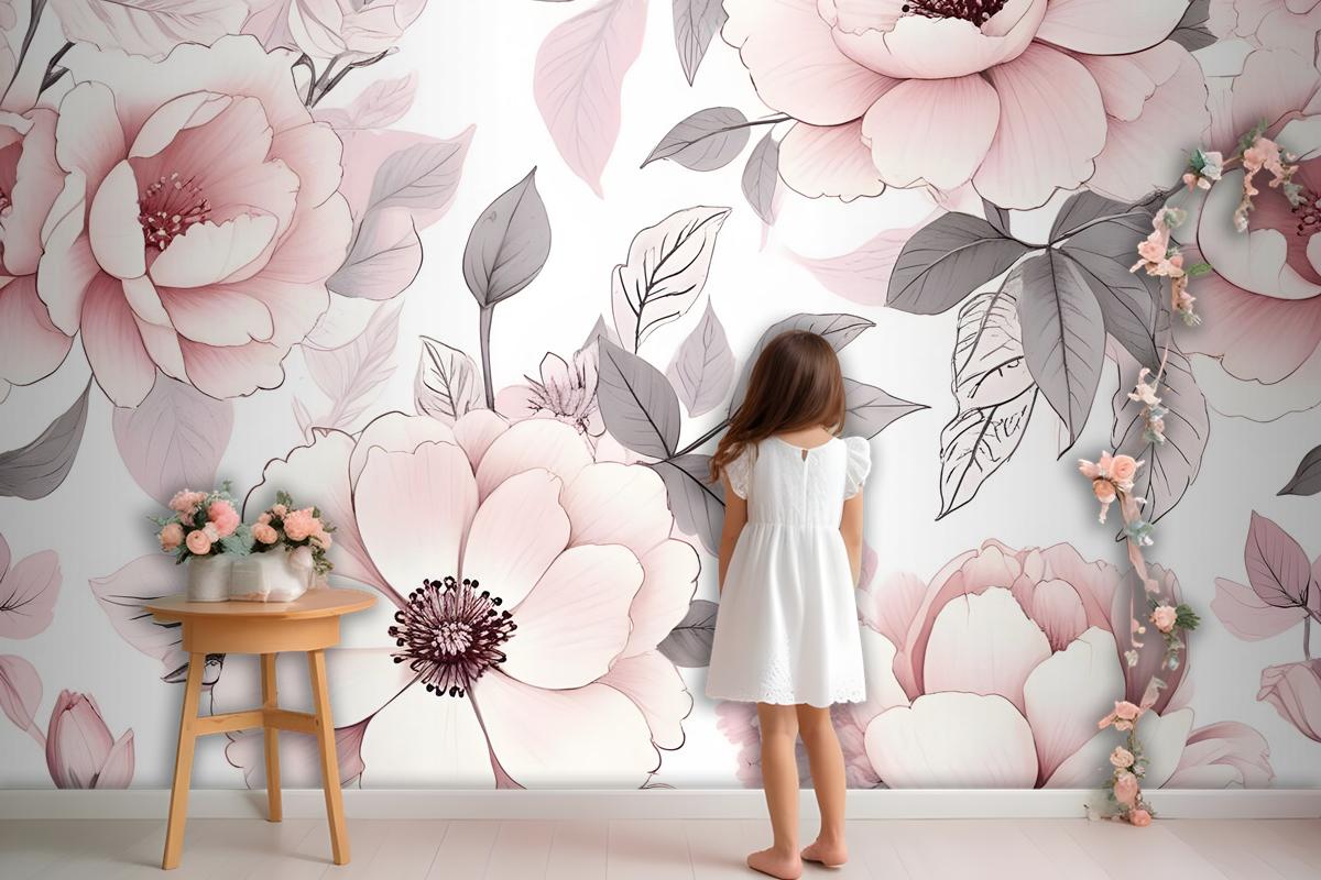 Kids Nursery Floral Pink Rose Pattern Wallpaper Mural