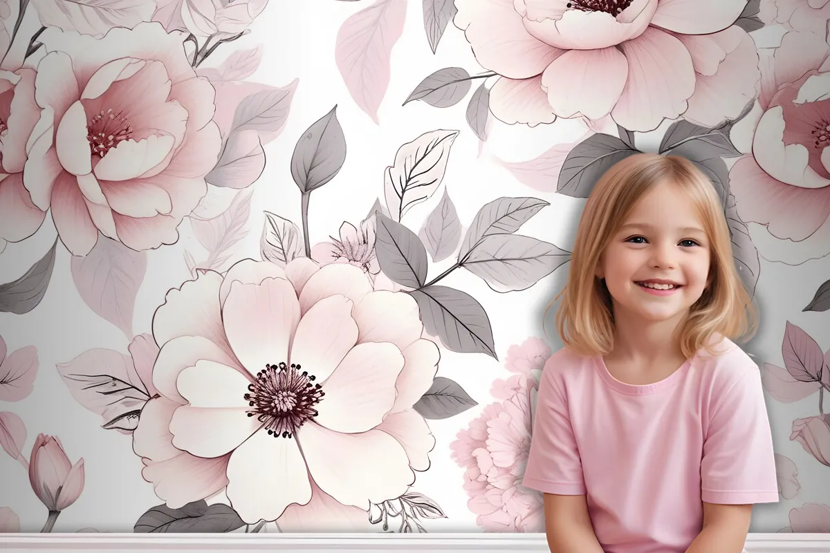 Kids Nursery Floral Pink Rose Pattern Wallpaper Mural