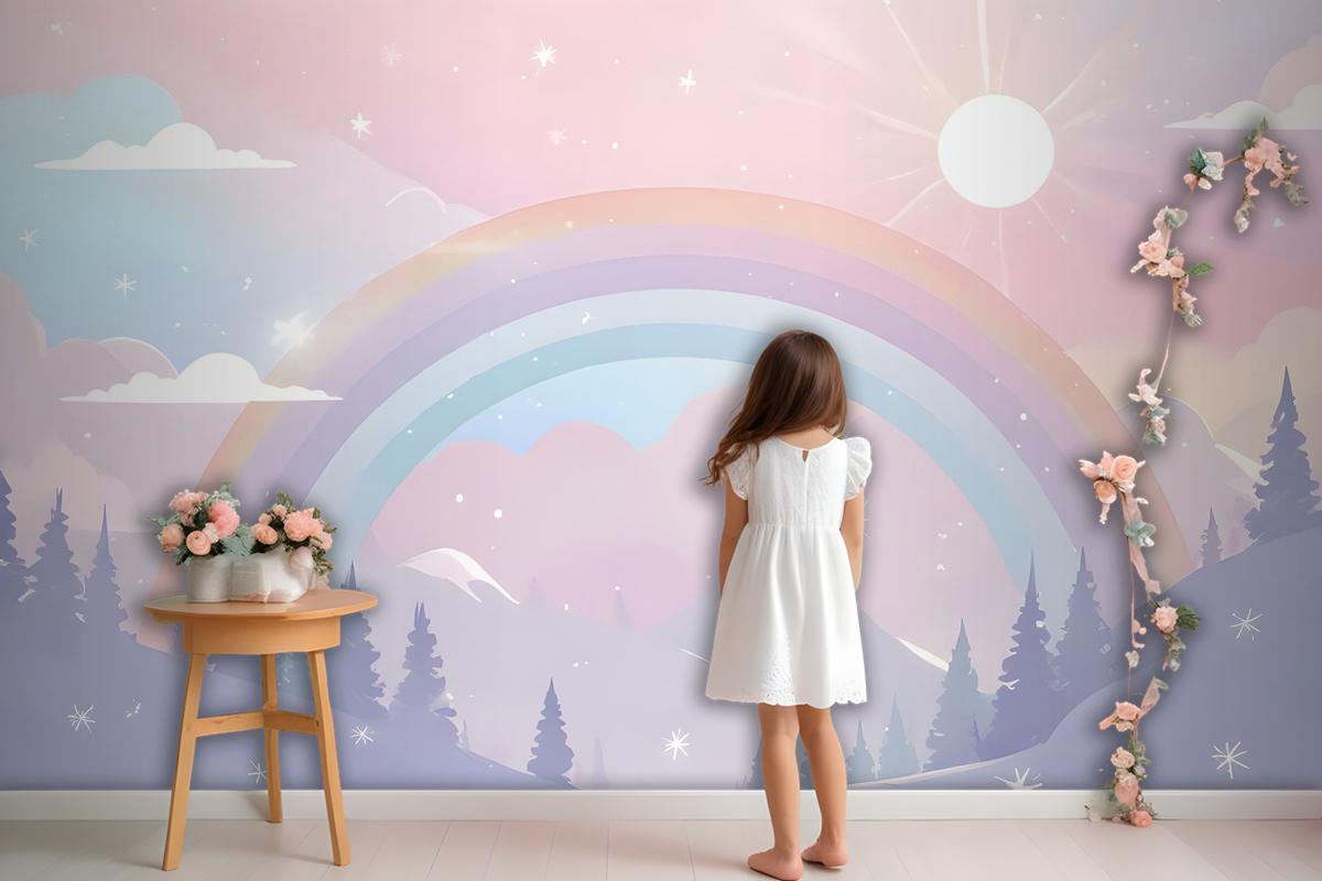 Kids Nursery Rainbow With Colorful Mountains And Shiny Stars Wallpaper Mural