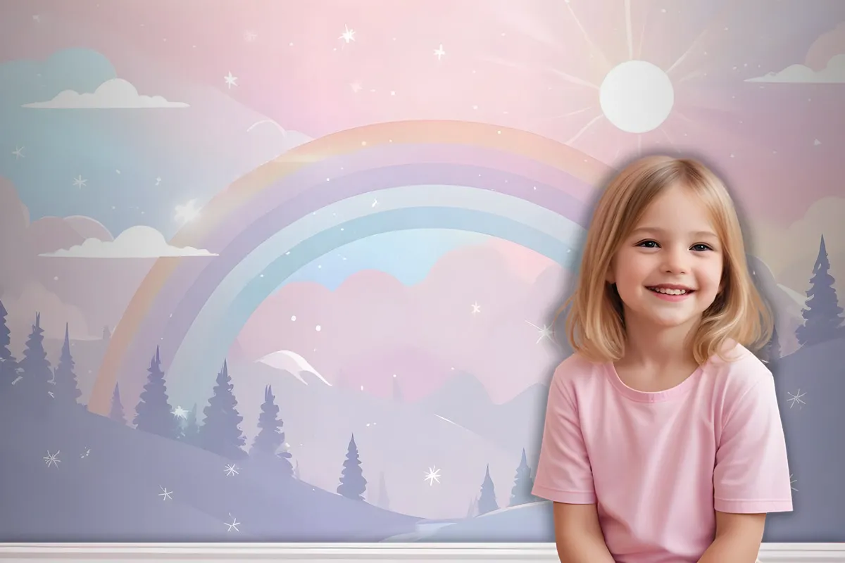 Kids Nursery Rainbow With Colorful Mountains And Shiny Stars Wallpaper Mural