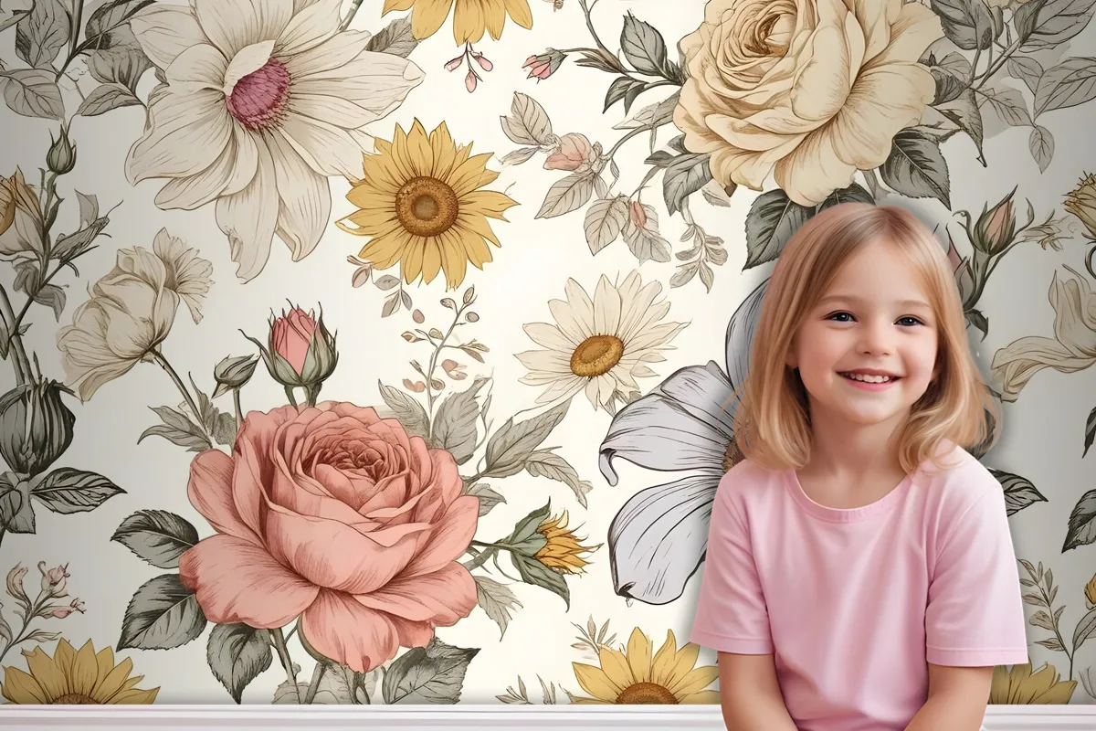 Kids Peony And Daisy Floral Wallpaper Mural