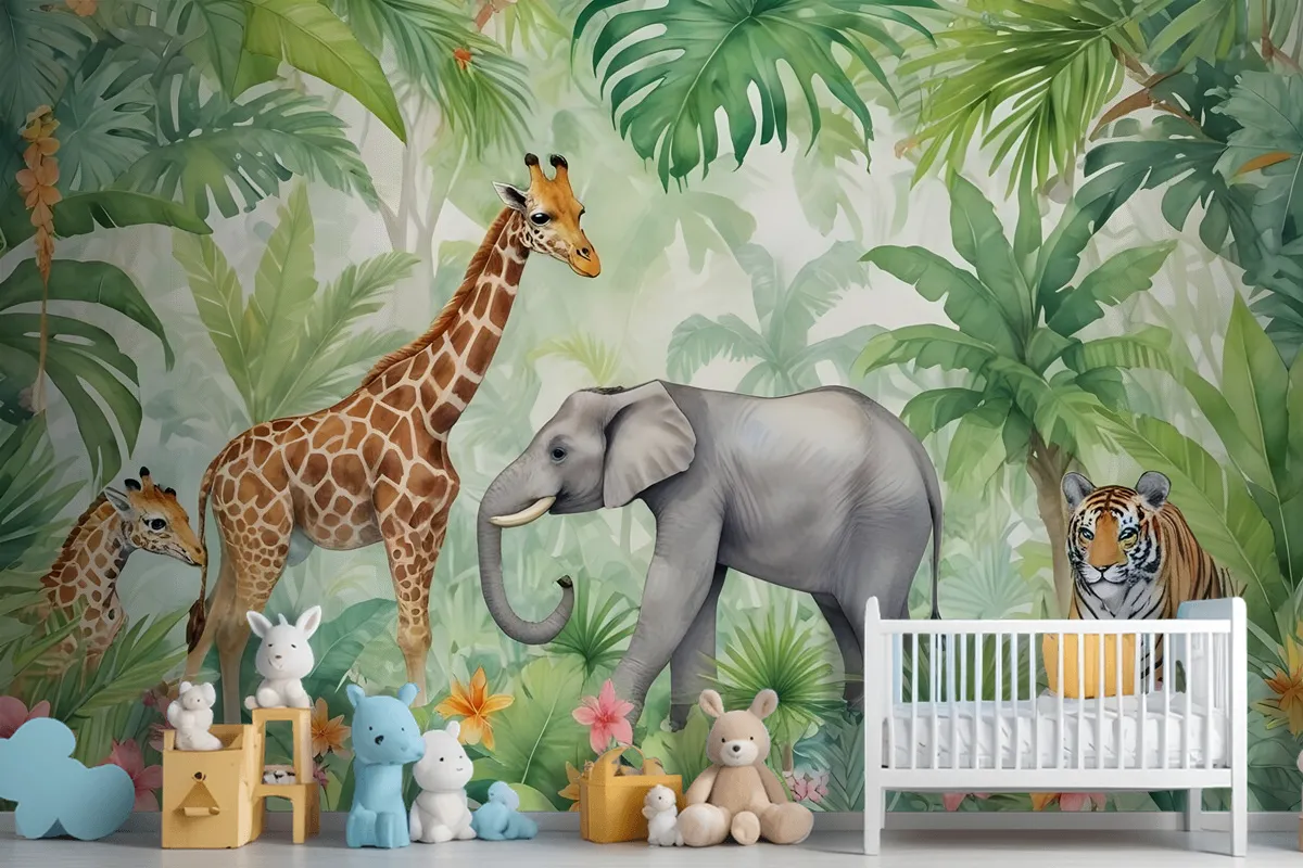 Kids Safari Watercolor Tropical Forest Jungle Animals Wallpaper Mural