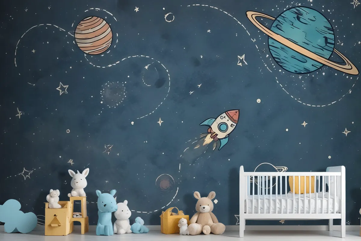 Kids Shining Cartoon Space With White Stripe Wallpaper Mural