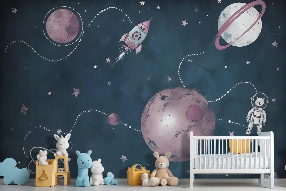 Kids Shining Space With Watercolor Bear Astronaut Wallpaper Mural