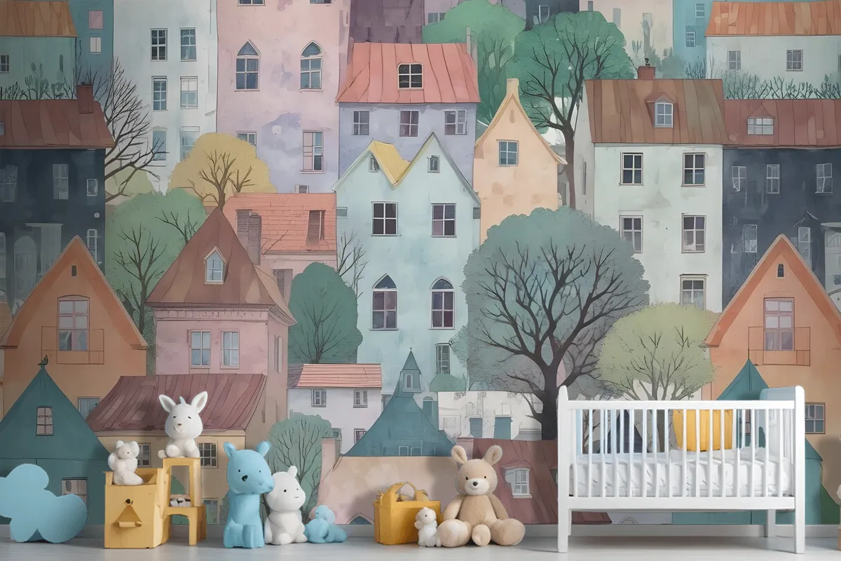 Kids Small Town Cute Watercolor House Wallpaper Mural