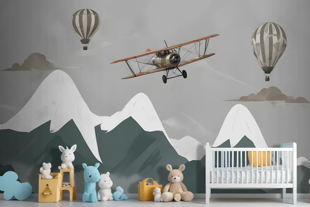 Kids Snowy Mountain With Plane And Balloons Wallpaper Mural