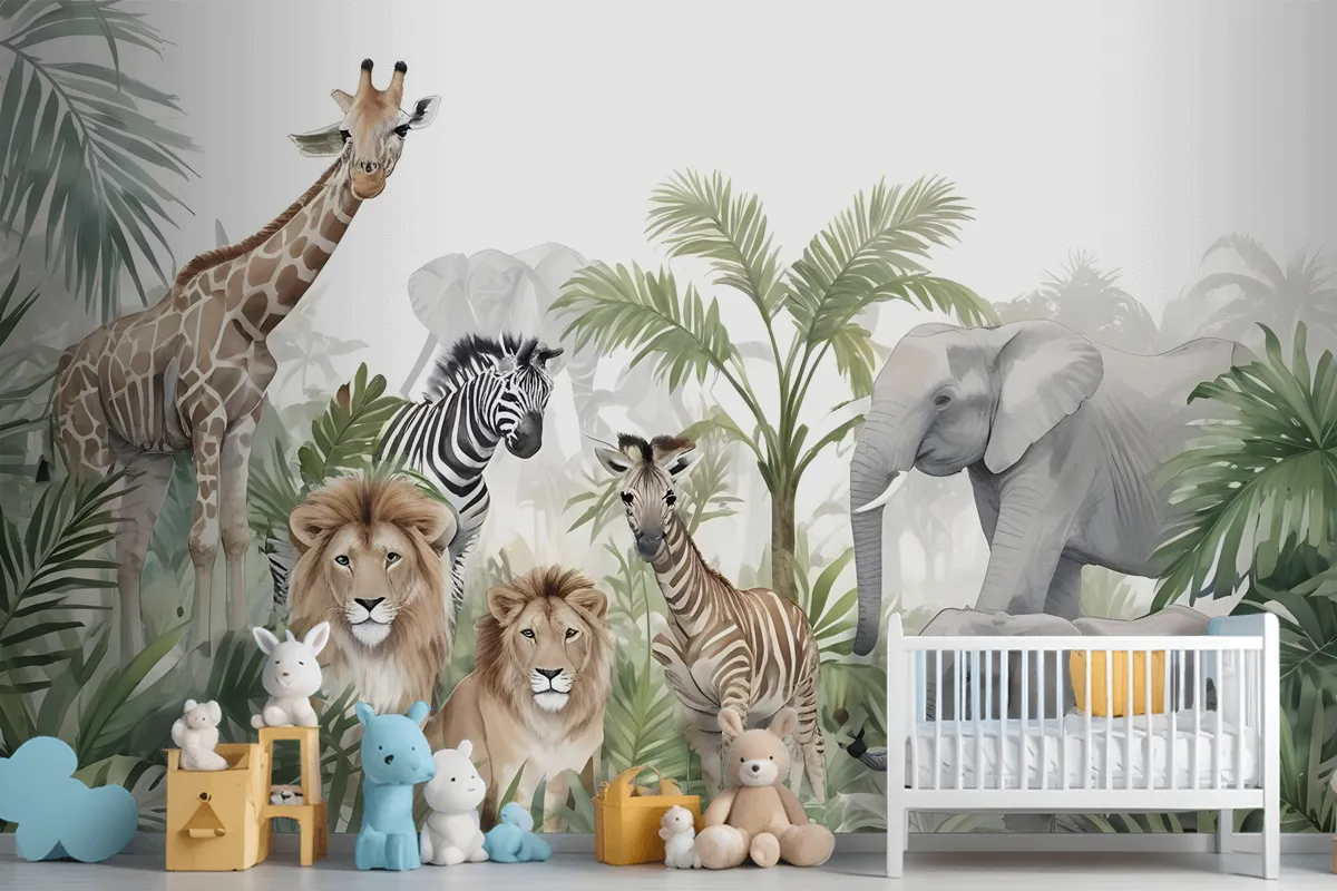 Kids Tropical Animals With Leafs Wallpaper Mural