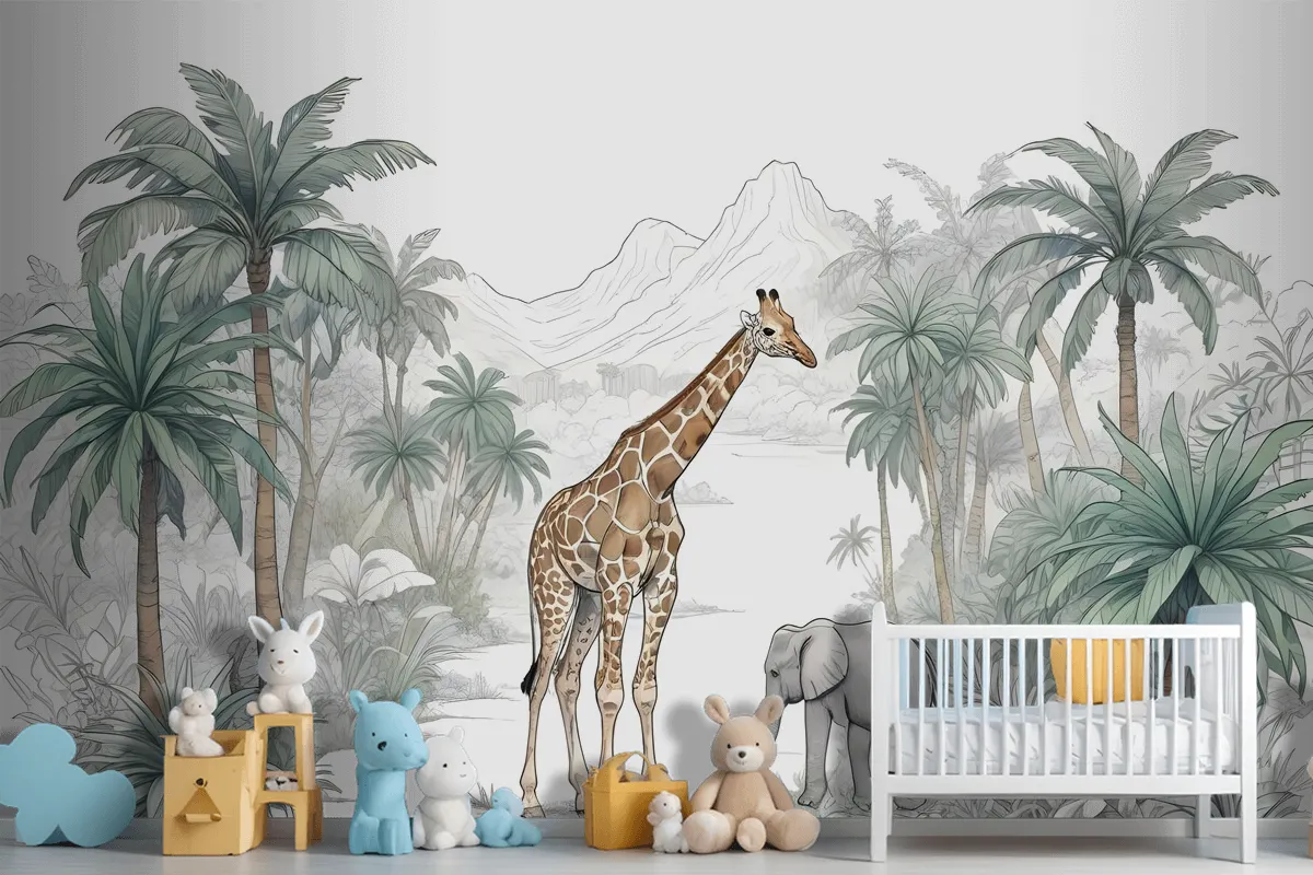 Kids Tropical Animals With Mountain Wallpaper Mural