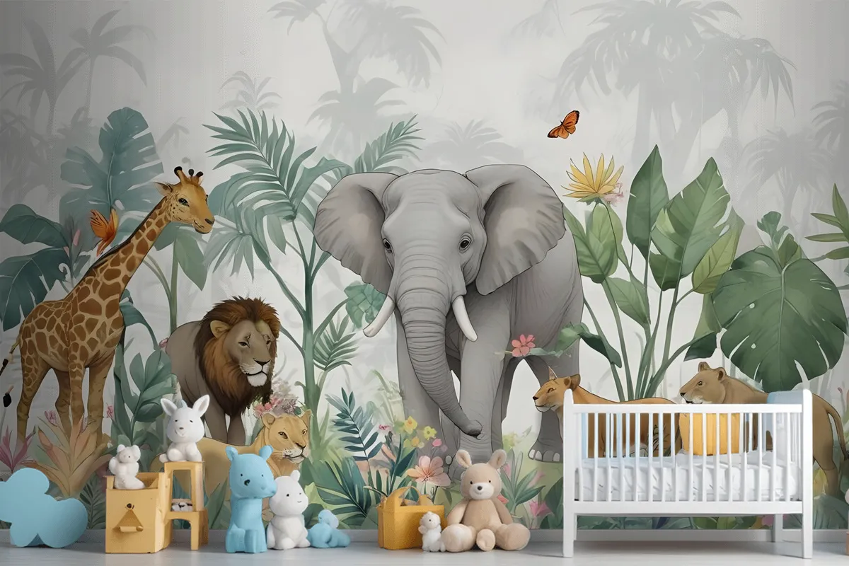 Kids Tropical Safari Animals With Green Leafs Wallpaper Mural