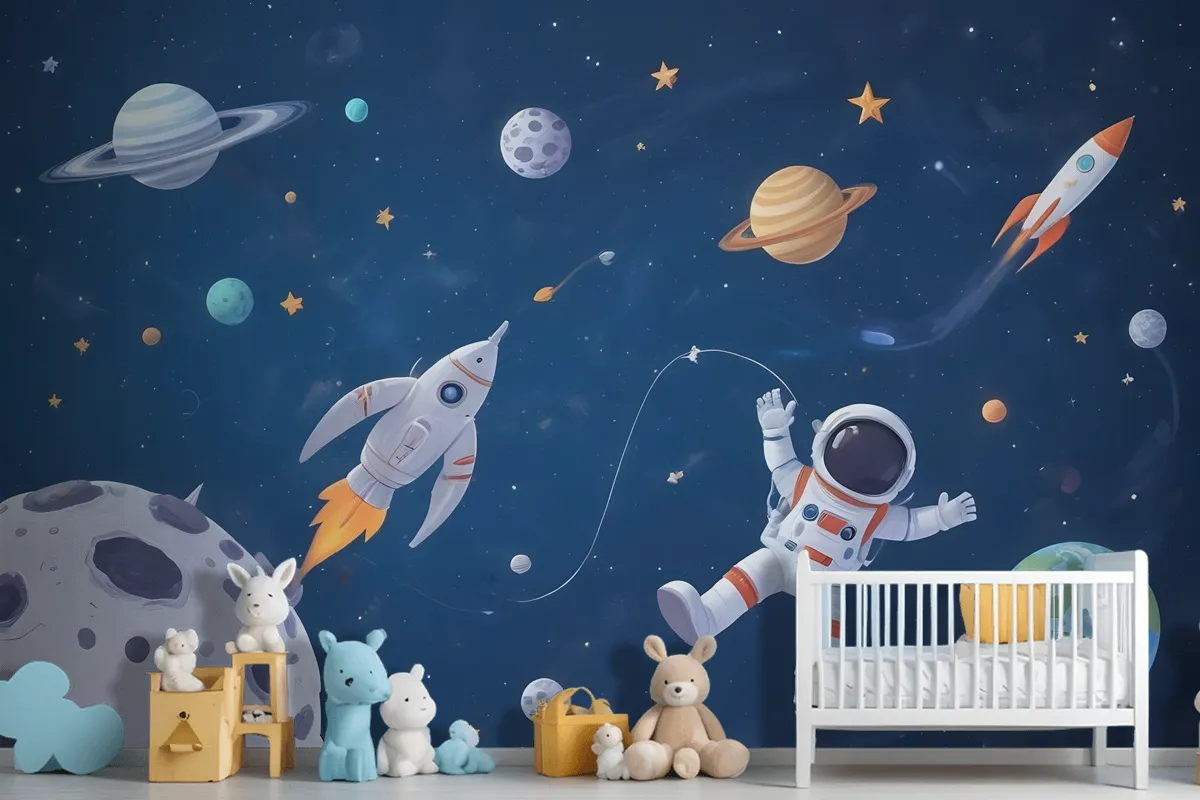 Kids Watercolor Space With Spaceship And Astronaut Wallpaper Mural