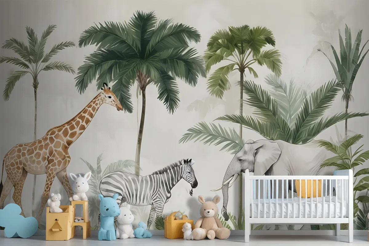 Kids Wild Tropical Animals With Palm Trees Wallpaper Mural