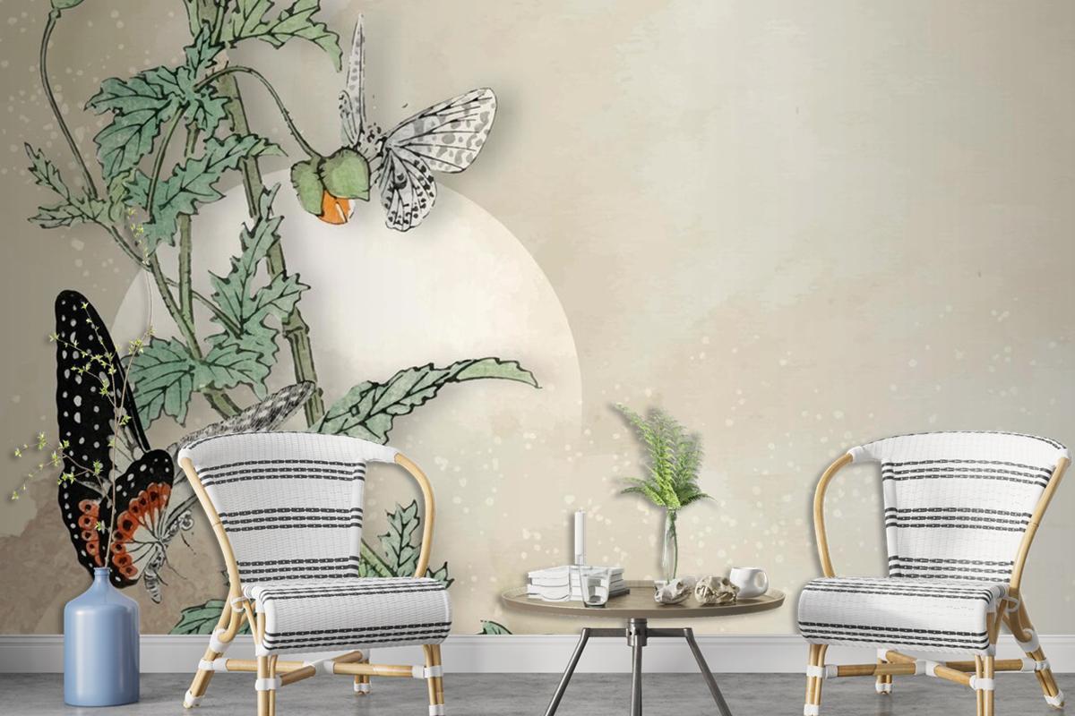 Leafy Butterfly Frame Design Wallpaper Mural