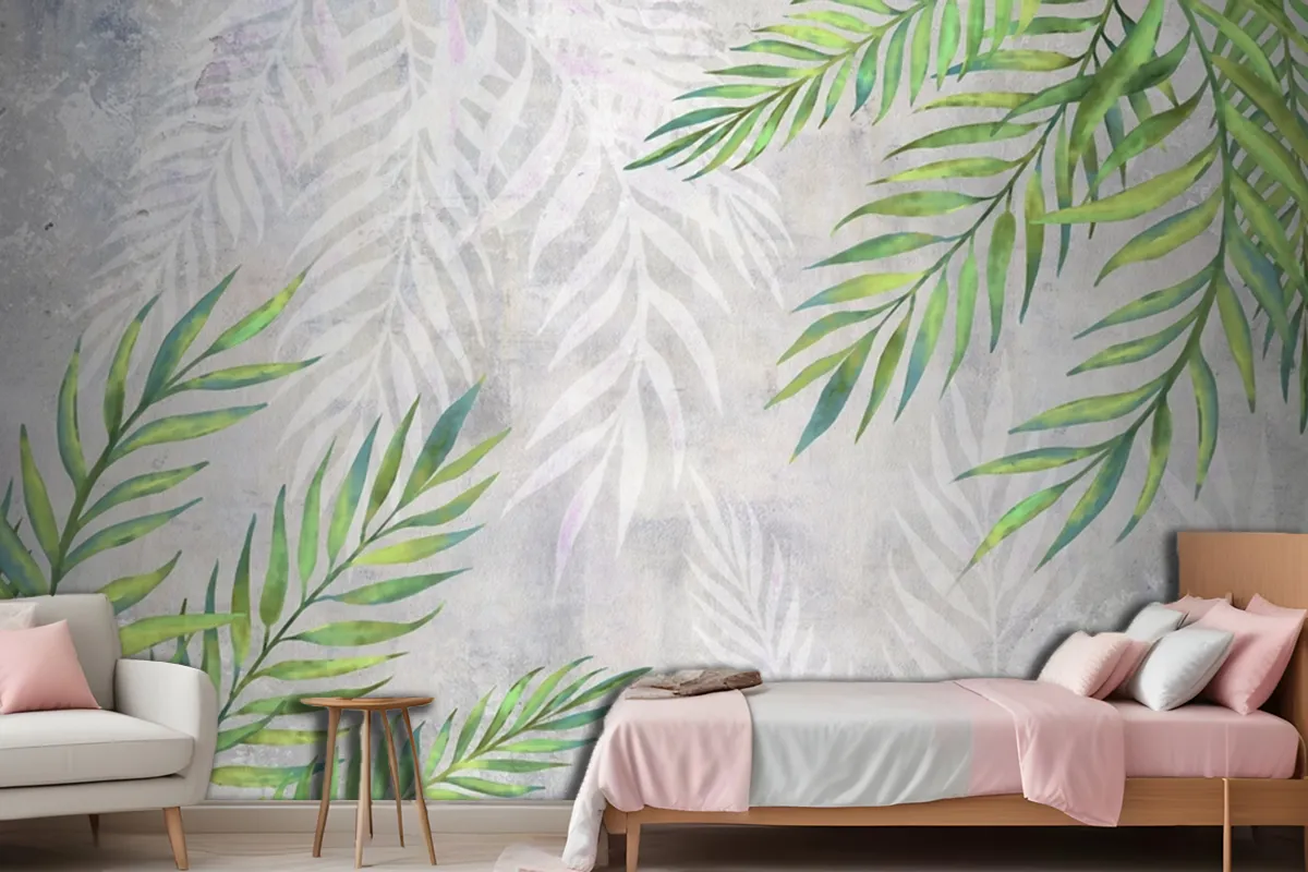 Leaves In The Corners On A Light Textured Wallpaper Mural