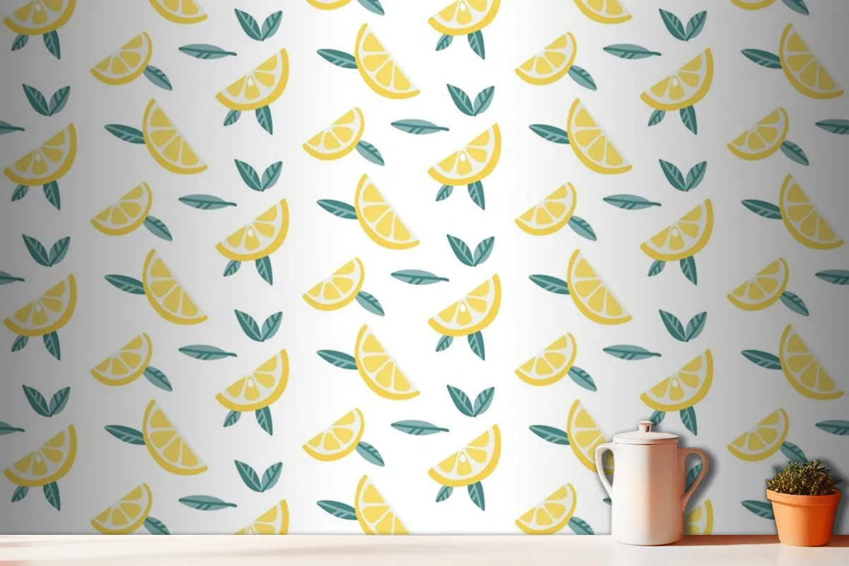 Lemon Fruit Slices With Leaves Seamless Pattern  Wallpaper Mural