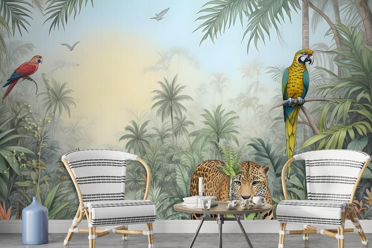 Leopard And Colorful Parrot In The Tropical Forest Wallpaper Mural