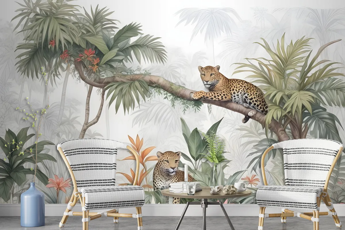 Leopards And Tropical Leaves Wallpaper Mural