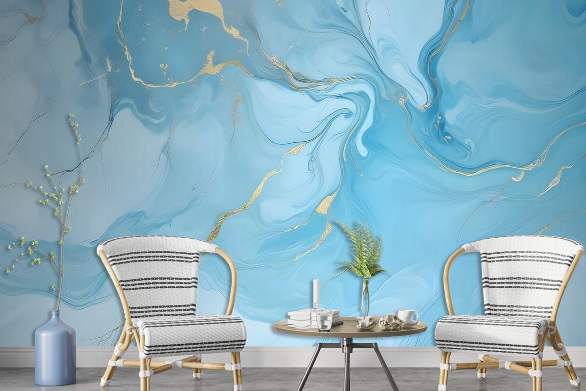 Light Blue Marble With Gold Look Splash Wallpaper Mural