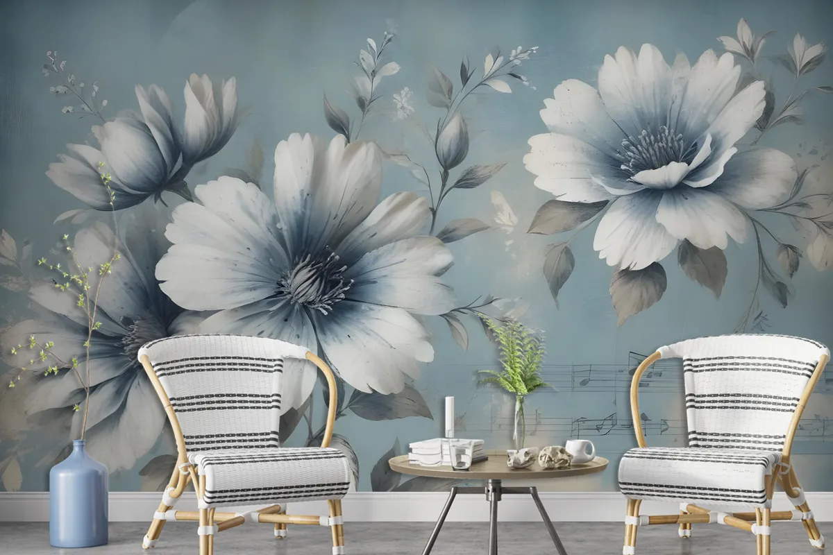 Light Floral With Music Notes Wallpaper Mural