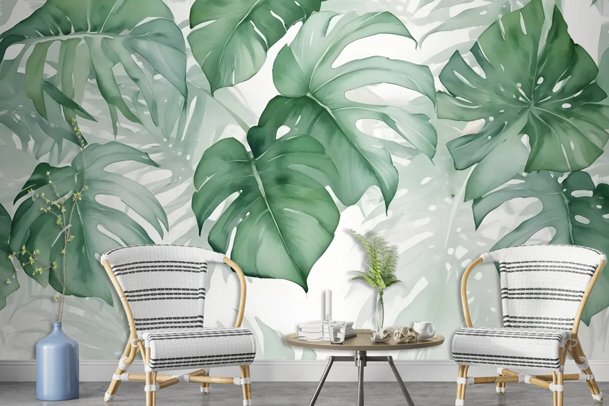 Light Green Tropical Leaves Wallpaper Mural