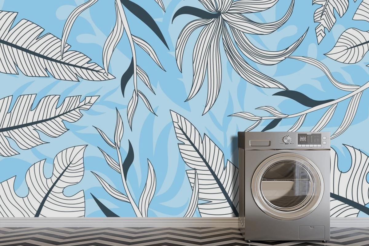 Linear Tropical Leaves With Pastel Color Laundry Wallpaper Mural