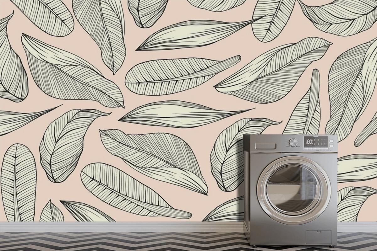 Linear Tropical Leaves With Pastel Color Background Wallpaper Mural