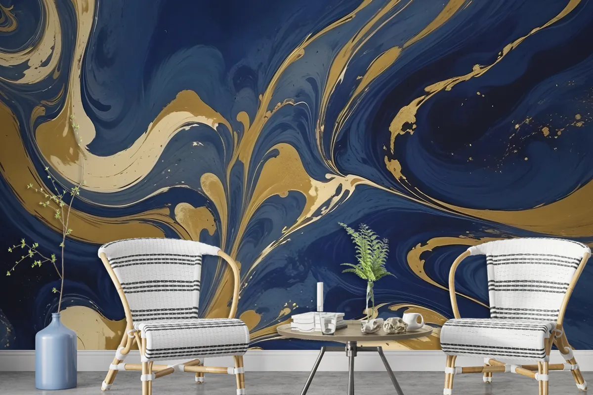 Liquid Abstract Marble Art Gold Blue Gradient Wallpaper Mural