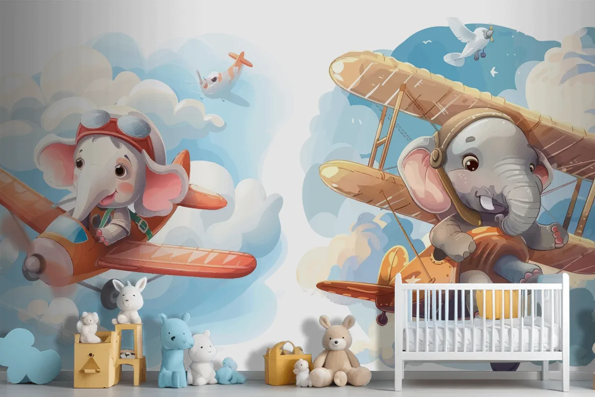 Little Elephant On Plane Wallpaper Mural